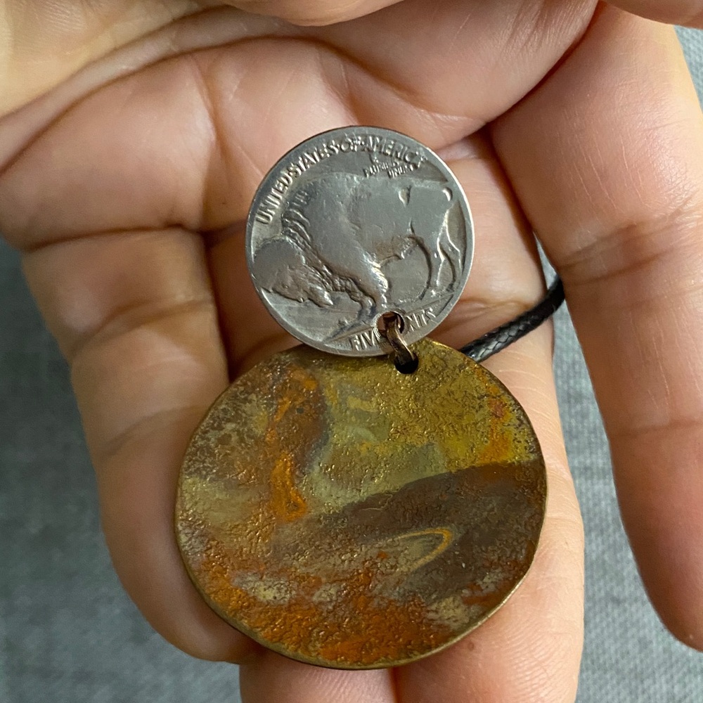1935 Buffalo Nickel Necklace | Vintage Coin Jewelry | Patinated Copper Pendant - Picture 5 of 8